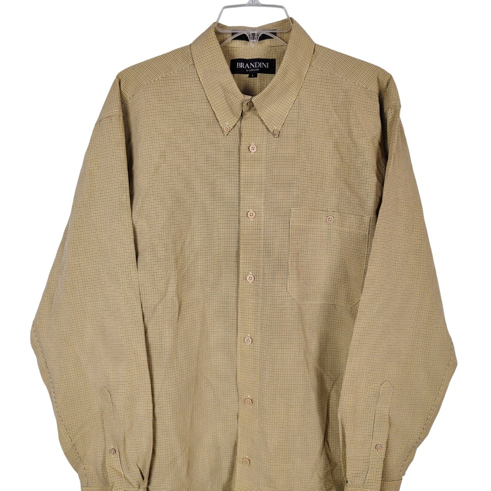 Brandini Men Tan Olive Micro Check Button Down Shirt‎ Large Long Sleeve
